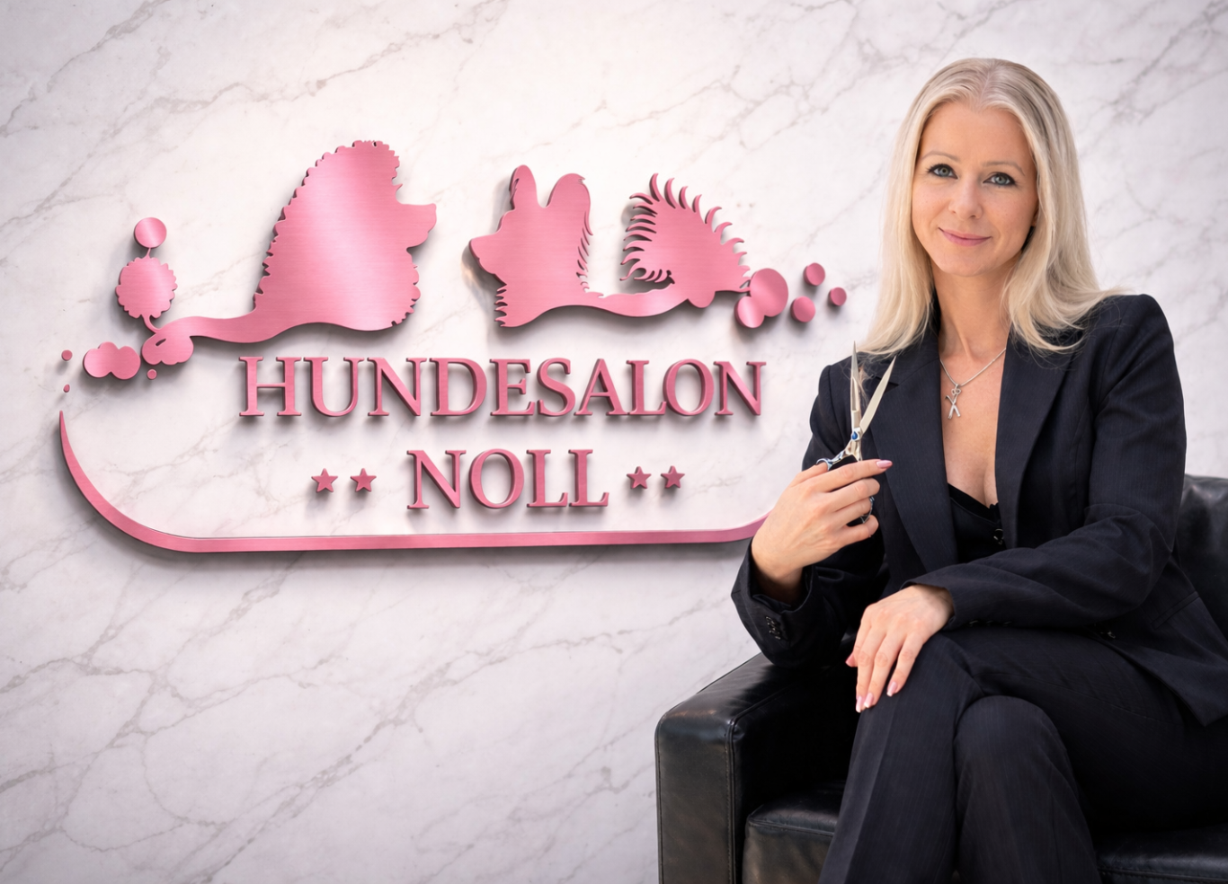 Frau in eleganter Kleidung sitzt mit Schere vor dem Logo "Hundesalon Noll".